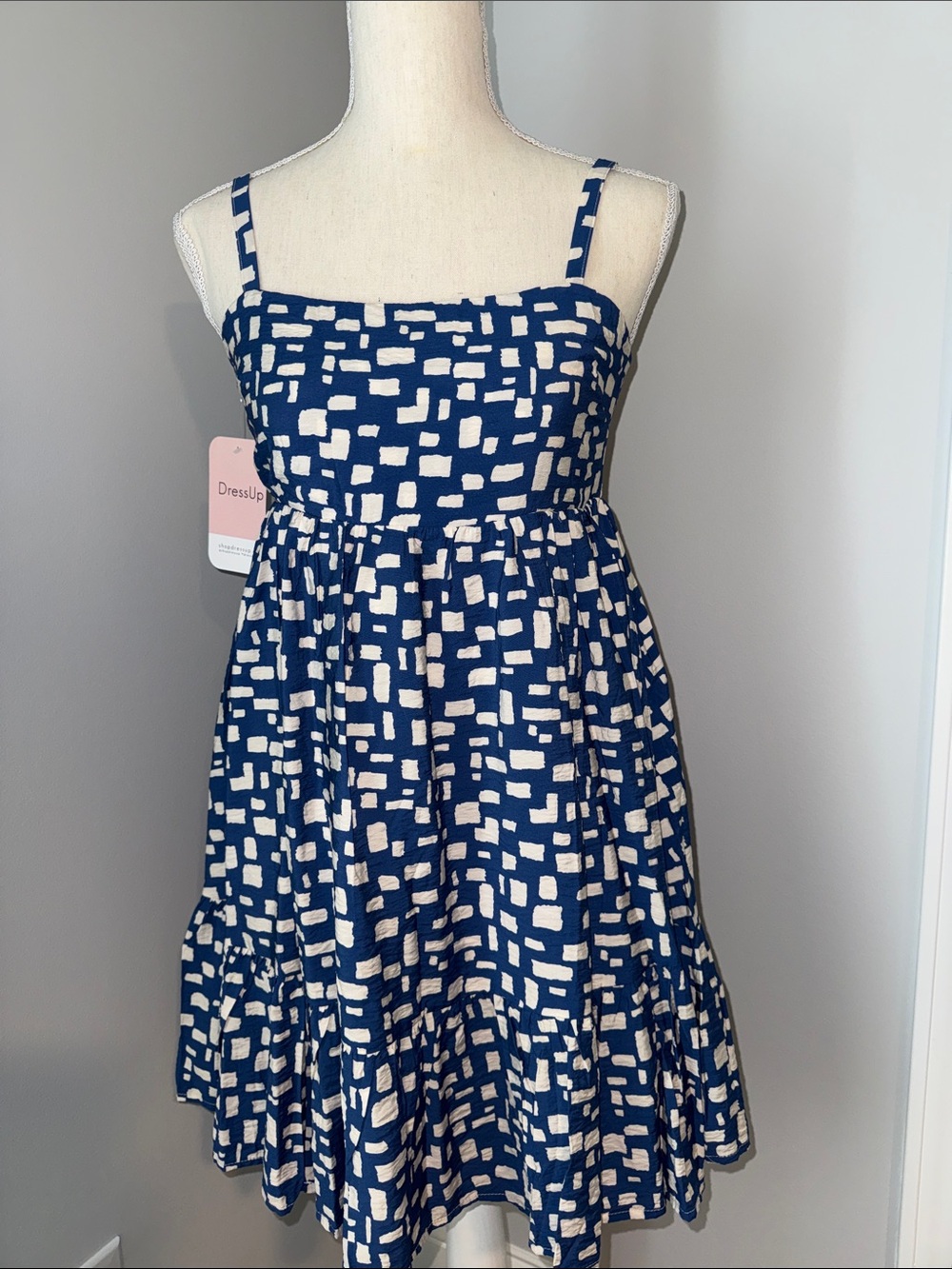 Girls Blue and White Geometric Spaghetti‑Strap Sundress